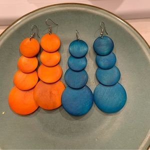 HANDMADE set of 2 Large Wooden Blue Orange Drop Dangle Fishhook Earrings